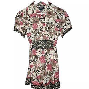Angie Women Dress XL Mini Cotton Mix Print 1/2 Button Tie Back Whimsy Cottag Y2K